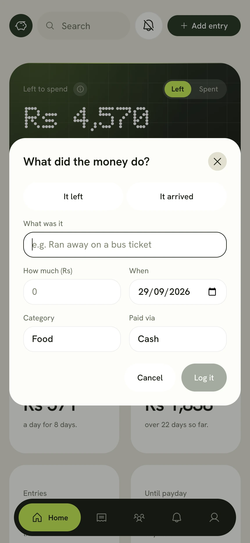 Adding an entry by hand: whether the money left or arrived, what it was, how much, when, the category and how it was paid.