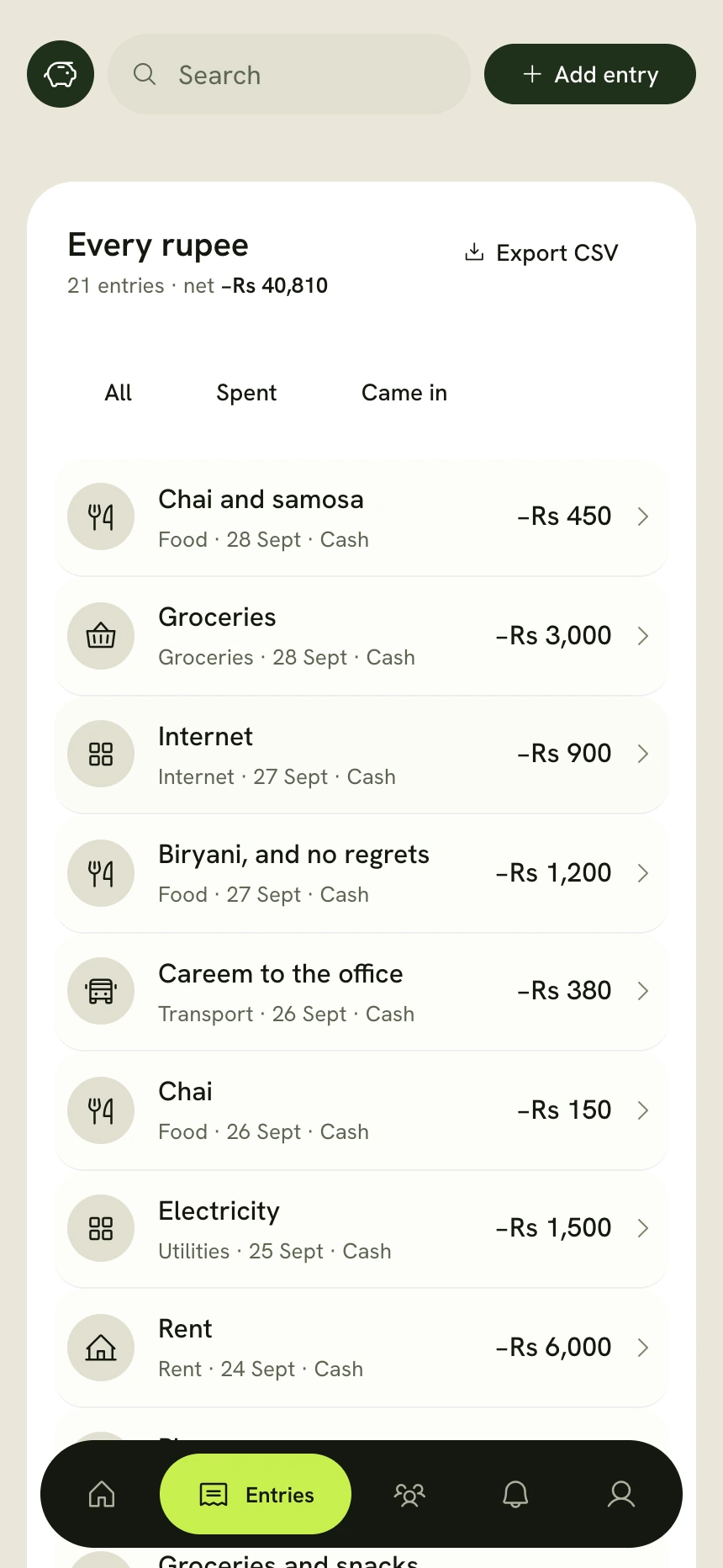 Every rupee: a list of 21 entries with filters for All, Spent and Came in, and an Export CSV button.
