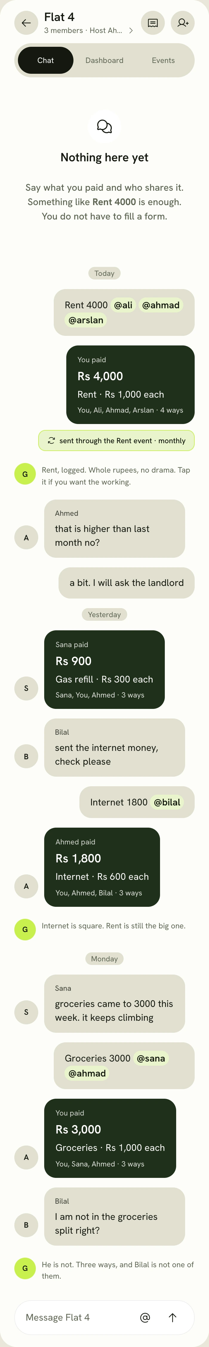 A Room's chat: flatmates add rent, groceries and internet in plain sentences, and each expense shows who shares it.