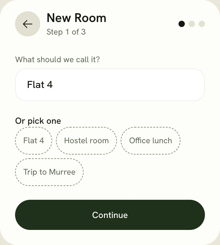Starting a Room: a name field holding Flat 4, with suggestions such as Hostel room, Office lunch and Trip to Murree.