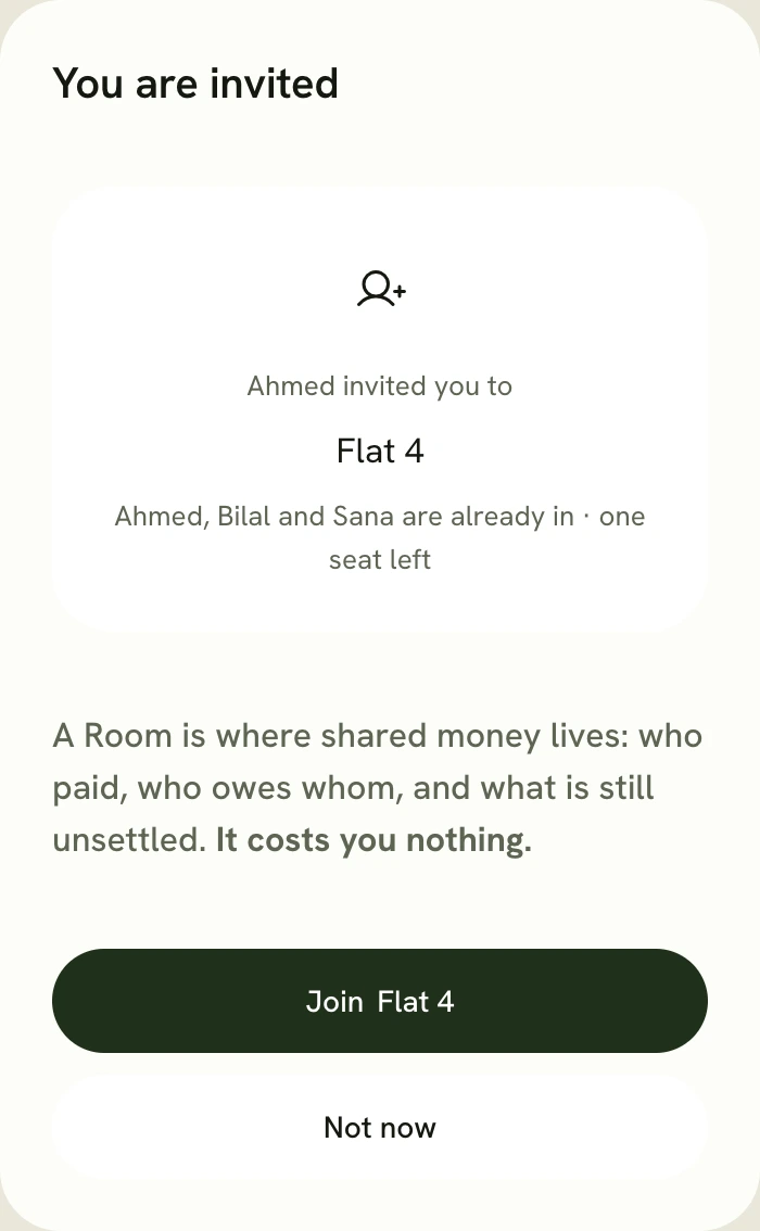 An invitation to a Room: Ahmed invited you to Flat 4, three people are already in, with a Join button.