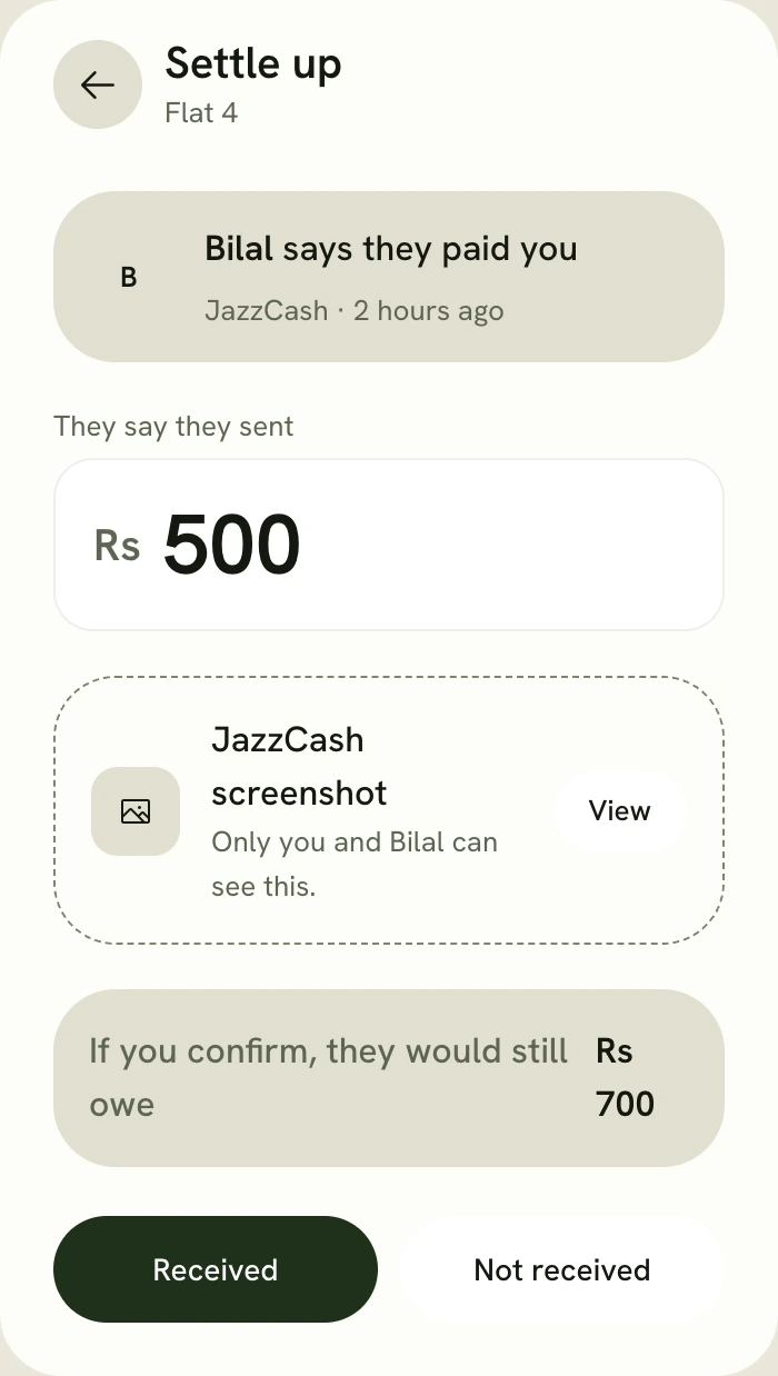 Bilal says they paid you Rs 500, with two buttons: Received, and Not received.
